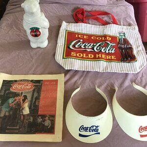 Lot of Vintage Coca Cola Collectibles - Visors, Bags, Magazines etc. - Nice